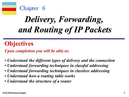 TCP/IP Protocol Suite 1 Chapter 6 Upon completion you will be able to: Delivery, Forwarding, and Routing of IP Packets Understand the different types of.