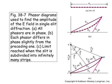 Fig. 38-7 Phasor diagrams used to find the amplitude of the E field in single-slit diffraction. (a) All phasors are in phase. (b) Each phasor differs in.