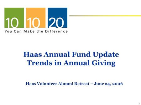 1 Haas Annual Fund Update Trends in Annual Giving Haas Volunteer Alumni Retreat – June 24, 2006.