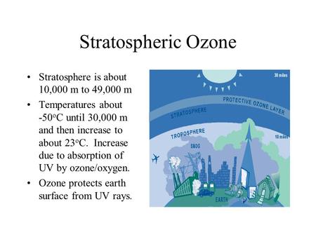 Stratospheric Ozone Stratosphere is about 10,000 m to 49,000 m Temperatures about -50 o C until 30,000 m and then increase to about 23 o C. Increase due.