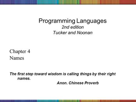 Copyright © 2006 The McGraw-Hill Companies, Inc. Programming Languages 2nd edition Tucker and Noonan Chapter 4 Names The first step toward wisdom is calling.