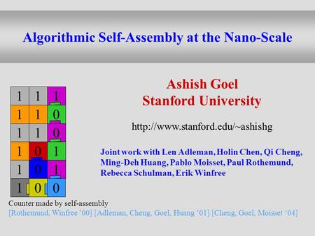Ashish Goel Stanford University  Joint work with Len Adleman, Holin Chen, Qi Cheng, Ming-Deh Huang, Pablo Moisset, Paul.