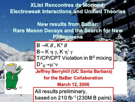 XLIst Rencontres de Moriond: Electroweak Interactions and Unified Theories New results from BaBar: Rare Meson Decays and the Search for New Phenomena Jeffrey.