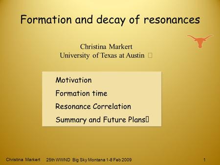 Formation and decay of resonances Motivation Formation time Resonance Correlation Summary and Future Plans Motivation Formation time Resonance Correlation.