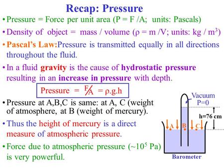 Recap: Pressure Pressure = Force per unit area (P = F /A; units: Pascals) Density of object = mass / volume (ρ = m /V; units: kg / m 3 ) Pascal’s Law:Pressure.