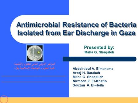 المؤتمر الدولي الثاني للعلوم والتنمية كلية العلوم - الجامعة الإسلامية بغزة Presented by: Maha G. Shaqaleh Antimicrobial Resistance of Bacteria Isolated.