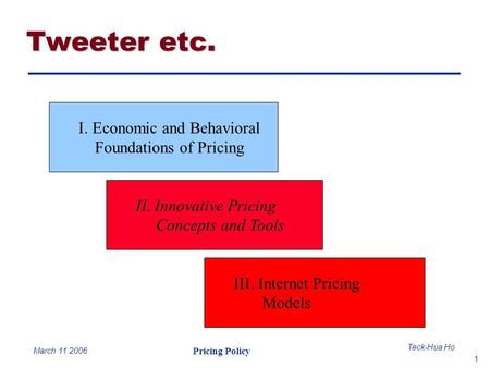 1 Teck-Hua Ho Pricing Policy March 11 2006 I. Economic and Behavioral Foundations of Pricing II. Innovative Pricing Concepts and Tools III. Internet Pricing.
