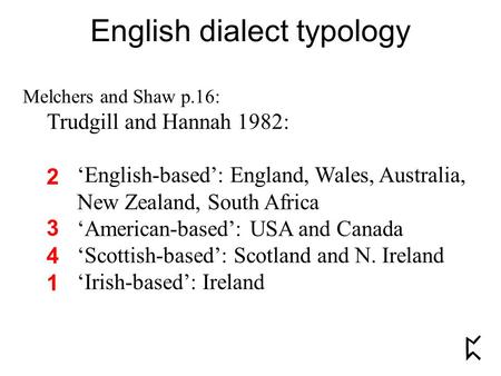 English dialect typology Melchers and Shaw p.16: Trudgill and Hannah 1982: ‘English-based’: England, Wales, Australia, New Zealand, South Africa ‘American-based’: