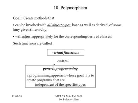 12/08/08MET CS 563 - Fall 2008 10. Polymorphism 10. Polymorphism Goal: Goal: Create methods that can be invoked with all object types, base as well as.