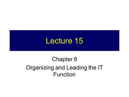 Lecture 15 Chapter 8 Organizing and Leading the IT Function.