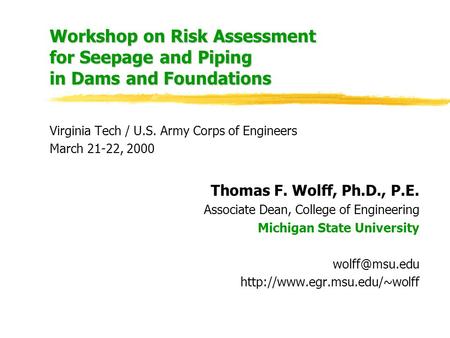 Workshop on Risk Assessment for Seepage and Piping in Dams and Foundations Virginia Tech / U.S. Army Corps of Engineers March 21-22, 2000 Thomas F. Wolff,