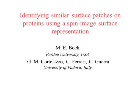 Identifying similar surface patches on proteins using a spin-image surface representation M. E. Bock Purdue University, USA G. M. Cortelazzo, C. Ferrari,