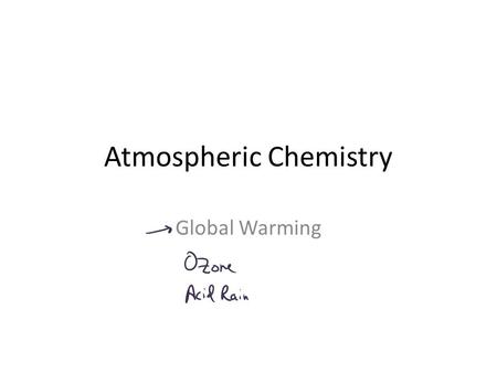 Atmospheric Chemistry Global Warming. GasMole Percent N278.08 O220.95 Ar0.934 CO 2 0.03 O3O3 1.0 x 10 -7 Composition of Atmosphere: