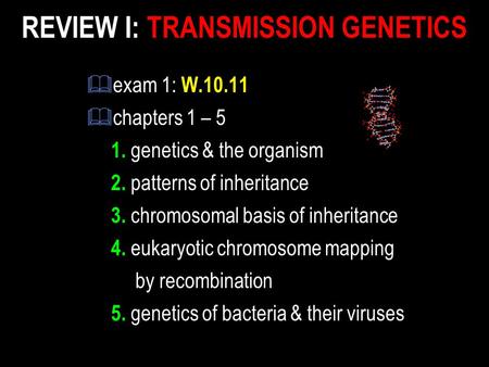 REVIEW I: TRANSMISSION GENETICS &exam 1: W.10.11 &chapters 1 – 5 1. genetics & the organism 2. patterns of inheritance 3. chromosomal basis of inheritance.