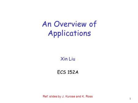 1 An Overview of Applications Xin Liu ECS 152A Ref: slides by J. Kurose and K. Ross.