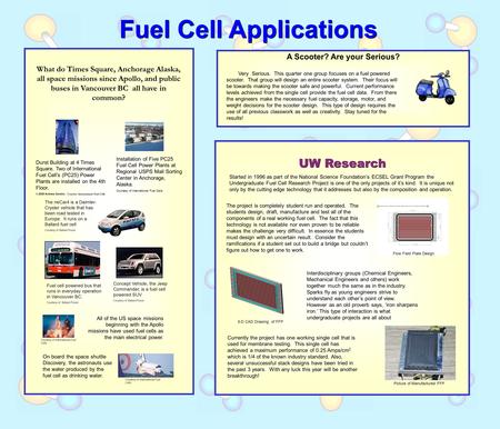 UW Research Fuel Cell Applications A Scooter? Are your Serious? What do Times Square, Anchorage Alaska, all space missions since Apollo, and public buses.