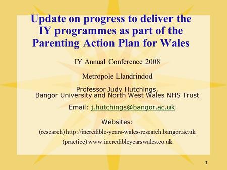 1 Update on progress to deliver the IY programmes as part of the Parenting Action Plan for Wales IY Annual Conference 2008 Metropole Llandrindod Professor.