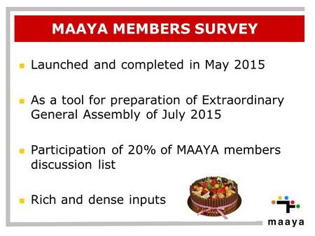 MAAYA MEMBERS SURVEY Launched and completed in May 2015 As a tool for preparation of Extraordinary General Assembly of July 2015 Participation of 20% of.