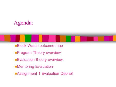 Agenda: Block Watch outcome map Program Theory overview Evaluation theory overview Mentoring Evaluation Assignment 1 Evaluation Debrief.
