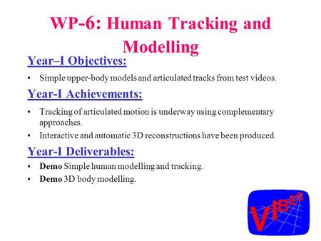 WP -6: Human Tracking and Modelling Year–I Objectives: Simple upper-body models and articulated tracks from test videos. Year-I Achievements: Tracking.