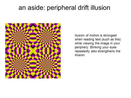 An aside: peripheral drift illusion illusion of motion is strongest when reading text (such as this) while viewing the image in your periphery. Blinking.