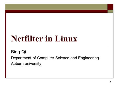 1 Netfilter in Linux Bing Qi Department of Computer Science and Engineering Auburn university.