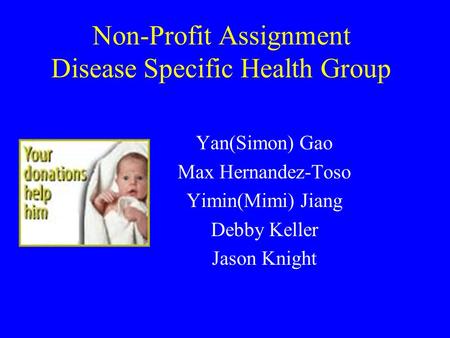 Yan(Simon) Gao Max Hernandez-Toso Yimin(Mimi) Jiang Debby Keller Jason Knight Non-Profit Assignment Disease Specific Health Group.