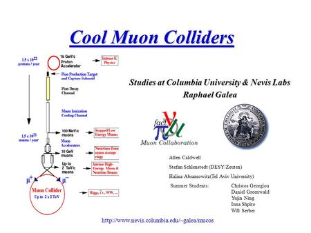 Cool Muon Colliders Studies at Columbia University & Nevis Labs Raphael Galea Allen Caldwell Stefan Schlenstedt.