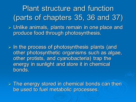 Plant structure and function (parts of chapters 35, 36 and 37)  Unlike animals, plants remain in one place and produce food through photosynthesis. 
