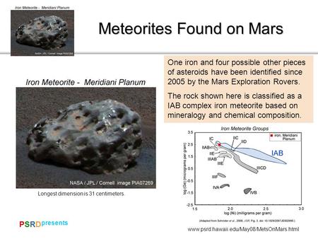 PSRDPSRD presents www.psrd.hawaii.edu/May08/MetsOnMars.html Meteorites Found on Mars Dewar area One iron and four possible other pieces of asteroids have.