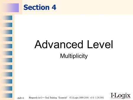 Rhapsody in C++ Tool Training Essential © I-Logix 1999-2000 v3.0 1/29/2001 Adv-1 Section 4 Advanced Level Multiplicity.