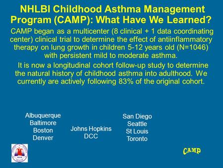 NHLBI Childhood Asthma Management Program (CAMP): What Have We Learned? CAMP began as a multicenter (8 clinical + 1 data coordinating center) clinical.
