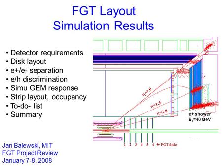 Jan Balewski, MIT FGT Project Review January 7-8, 2008 Detector requirements Disk layout e+/e- separation e/h discrimination Simu GEM response Strip layout,