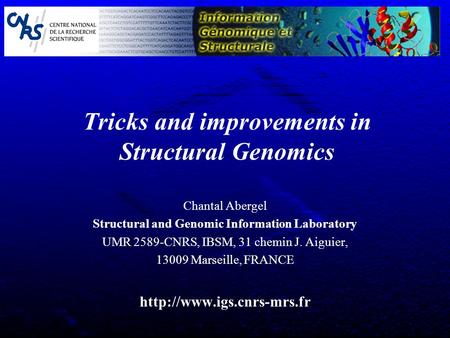 Tricks and improvements in Structural Genomics Chantal Abergel Structural and Genomic Information Laboratory UMR 2589-CNRS, IBSM, 31 chemin J. Aiguier,