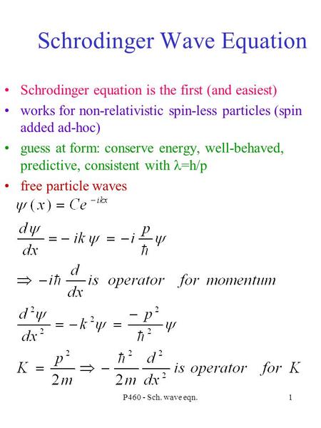 P460 - Sch. wave eqn.1 Schrodinger Wave Equation Schrodinger equation is the first (and easiest) works for non-relativistic spin-less particles (spin added.