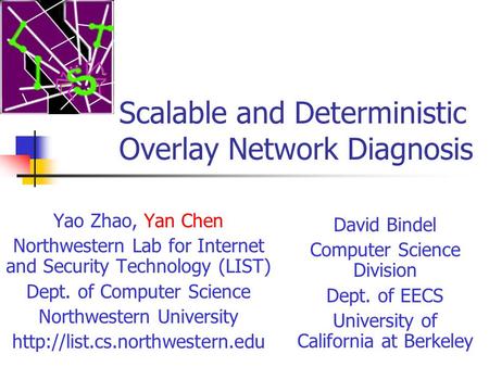 Scalable and Deterministic Overlay Network Diagnosis Yao Zhao, Yan Chen Northwestern Lab for Internet and Security Technology (LIST) Dept. of Computer.