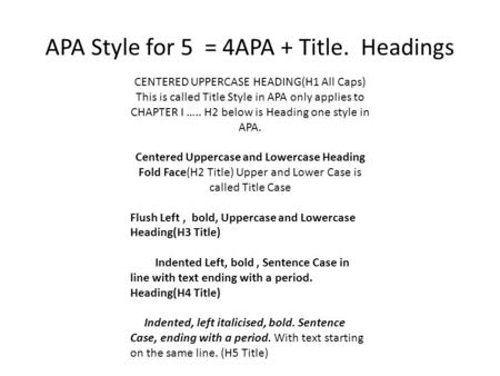 APA Style for 5 = 4APA + Title. Headings CENTERED UPPERCASE HEADING(H1 All Caps) This is called Title Style in APA only applies to CHAPTER I ….. H2 below.