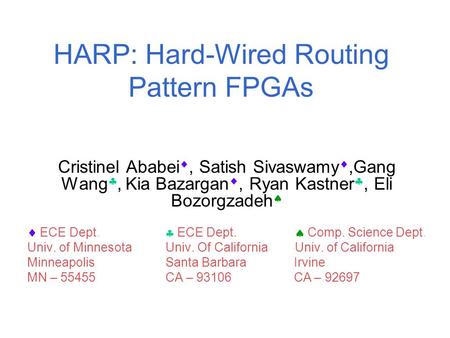 HARP: Hard-Wired Routing Pattern FPGAs Cristinel Ababei , Satish Sivaswamy ,Gang Wang , Kia Bazargan , Ryan Kastner , Eli Bozorgzadeh   ECE Dept.