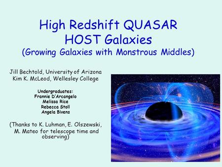 High Redshift QUASAR HOST Galaxies (Growing Galaxies with Monstrous Middles) Jill Bechtold, University of Arizona Kim K. McLeod, Wellesley College Undergraduates: