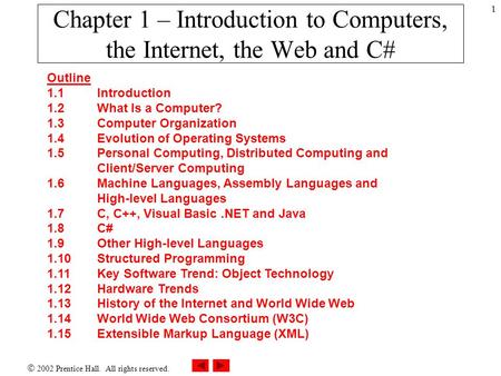  2002 Prentice Hall. All rights reserved. 1 Chapter 1 – Introduction to Computers, the Internet, the Web and C# Outline 1.1 Introduction 1.2 What Is a.