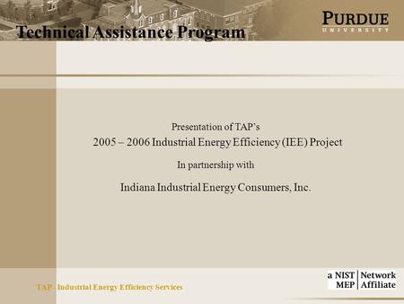 Technical Assistance Program TAP - Industrial Energy Efficiency Services Presentation of TAP’s 2005 – 2006 Industrial Energy Efficiency (IEE) Project In.