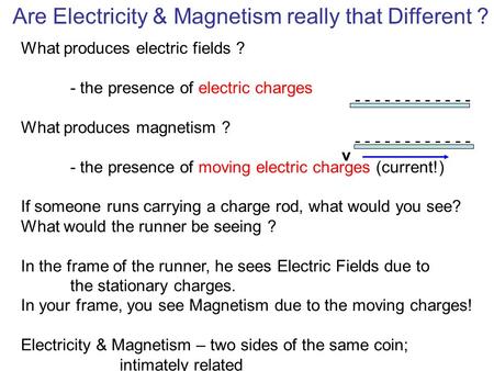 Are Electricity & Magnetism really that Different ? What produces electric fields ? - the presence of electric charges What produces magnetism ? - the.