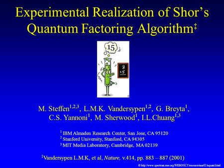 Experimental Realization of Shor’s Quantum Factoring Algorithm ‡ ‡ Vandersypen L.M.K, et al, Nature, v.414, pp. 883 – 887 (2001) M. Steffen 1,2,3, L.M.K.