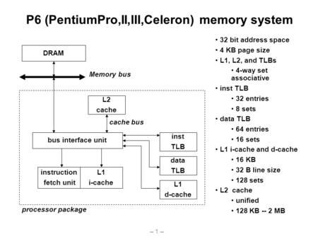 – 1 – P6 (PentiumPro,II,III,Celeron) memory system bus interface unit DRAM Memory bus instruction fetch unit L1 i-cache L2 cache cache bus L1 d-cache inst.