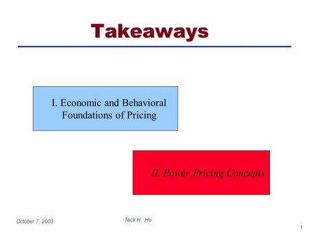 1 Teck H. Ho October 7, 2003 Takeaways I. Economic and Behavioral Foundations of Pricing II. Power Pricing Concepts.