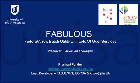 FABULOUS Fedora/Arrow Batch Utility with Lots Of User Services Presenter – David Groenewegen Prashant Pandey Lead Developer.