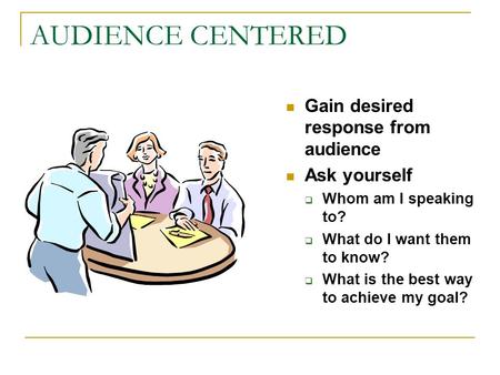 AUDIENCE CENTERED Gain desired response from audience Ask yourself  Whom am I speaking to?  What do I want them to know?  What is the best way to achieve.