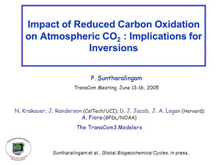 Impact of Reduced Carbon Oxidation on Atmospheric CO 2 : Implications for Inversions P. Suntharalingam TransCom Meeting, June 13-16, 2005 N. Krakauer,
