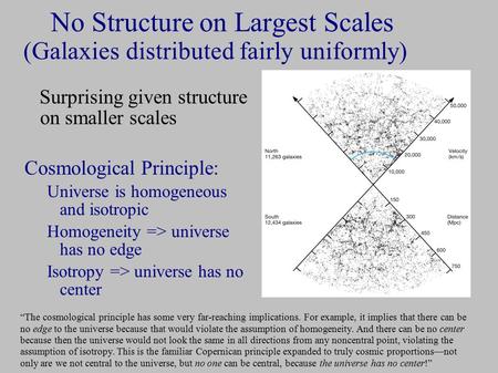 No Structure on Largest Scales (Galaxies distributed fairly uniformly)‏ Surprising given structure on smaller scales Cosmological Principle: Universe is.