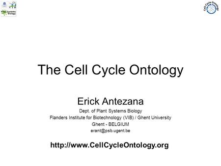 The Cell Cycle Ontology Erick Antezana Dept. of Plant Systems Biology Flanders Institute for Biotechnology (VIB) / Ghent University Ghent - BELGIUM